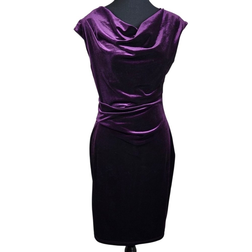 Molly Bracken Velvet Feel Deep Purple Mini Dress With Draped Neckline Size S